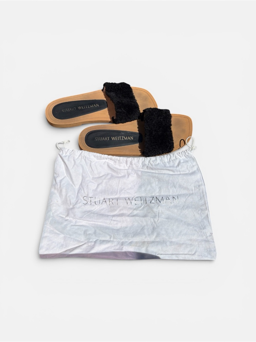 Stuart Weitzman Cammy Sandal. Black Faux-Fur Slide Sandals - Size 10.5